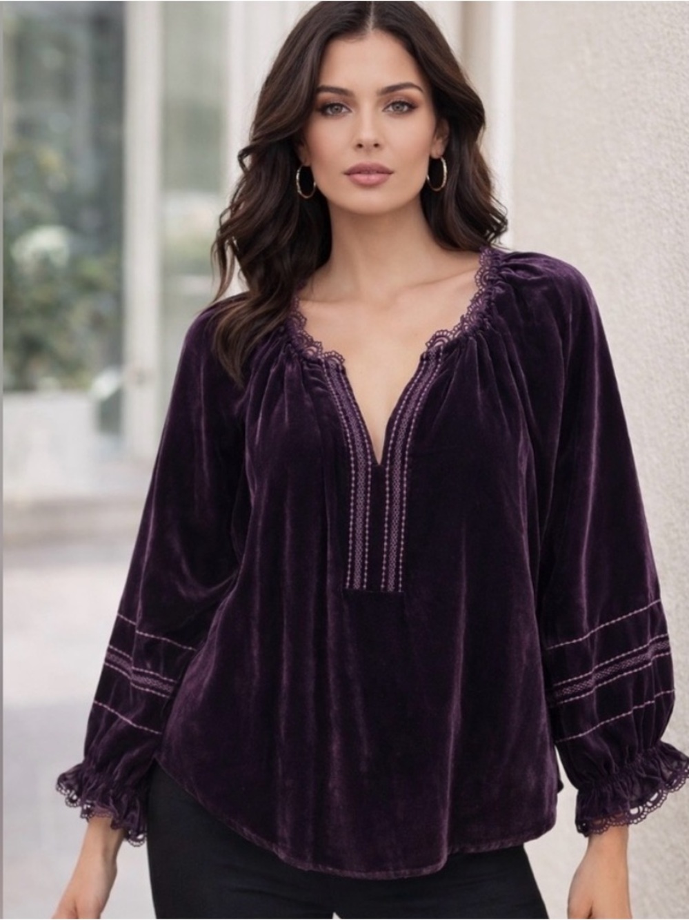 Democracy Deep Purple Velvet Peasant Blouse